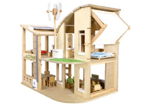Plan Toys Dollhouse - Green Dollhouse With Furniture
